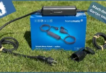 Das Homematic IP Schalt-Mess-Kabel: Die smarte Erweiterung für deinen Garten! Homematic IP Logo auf dem Schalt-Mess-Kabel